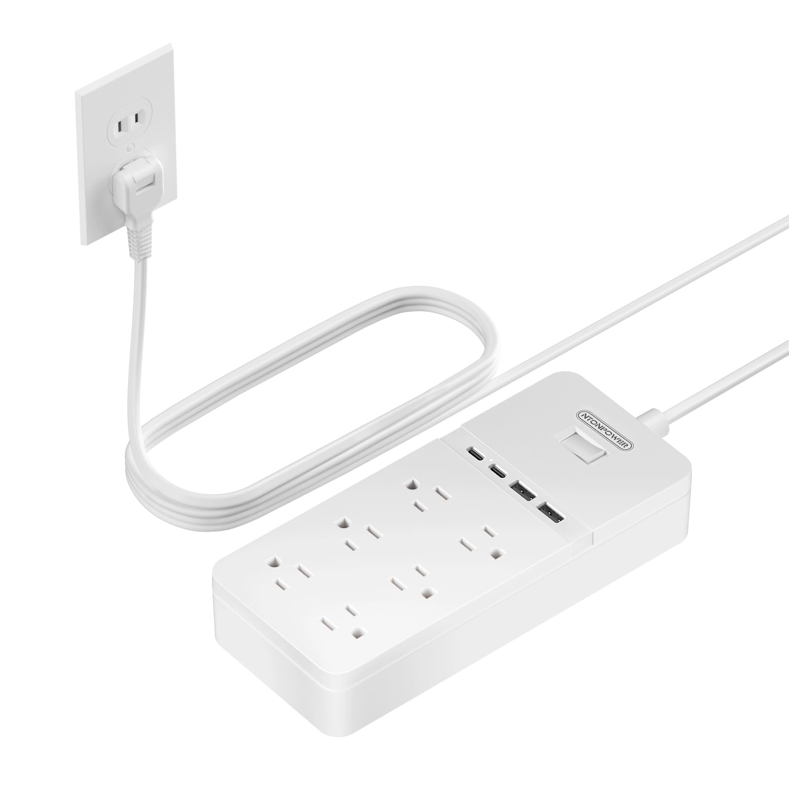 NTONPOWER 2 Prong Power Strip with 10ft Extension Cord, 2100J Surge Protector 1875W with 6 Outlets 4 USB Ports (2 USB C), 3 Prong Outlet Adapter, Wall