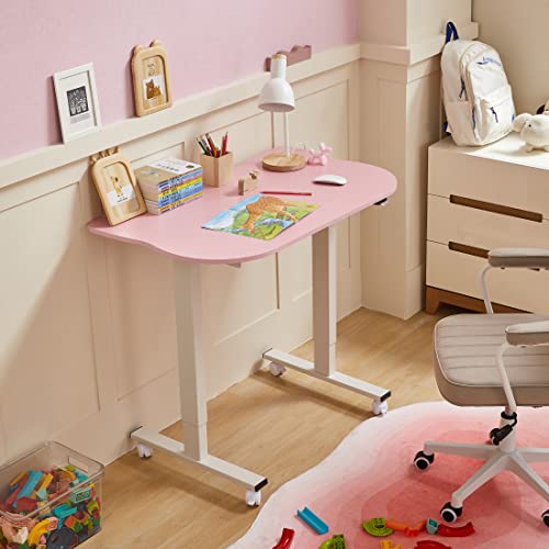Okin Pink Height Adjustable Desk, 40" Electric Standing Small Desk For Small Spaces, Cat Shape Cute Desk For Teenager, Student, School, Bedroom, Rolling Study Writing Gaming Computer Desk With Wheels #TOP5