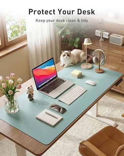 Image of Aothia Faux Leather Desk Mat - Large Mouse Pad, Non-Slip PU Leather Blotter, Waterproof Writing Surface for Office and Home (Blue Topaz, 42 inch x 17 inch)