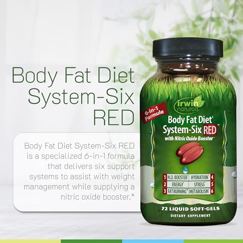 Image of Irwin Naturals Body Fat Diet System-Six RED with Nitric Oxide Booster- Metabolism Support Formula with MCT Oil, Green Tea, L-Citrulline & Coconut Water - 72 Liquid Softgels