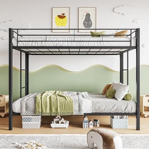 JURMERRY Metal Bunk Bed Twin Over Twin with 2 Side Guardrail Ladder,No Box Spring Needed, Noise Free,Black Cover