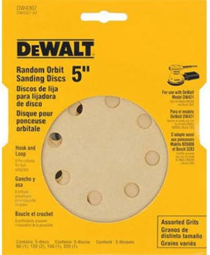 DEWALT DW4307 5-Inch 8 Hole Assortment Hook and Loop Random Orbit Sandpaper (5-Pack), Beige, 5 inch