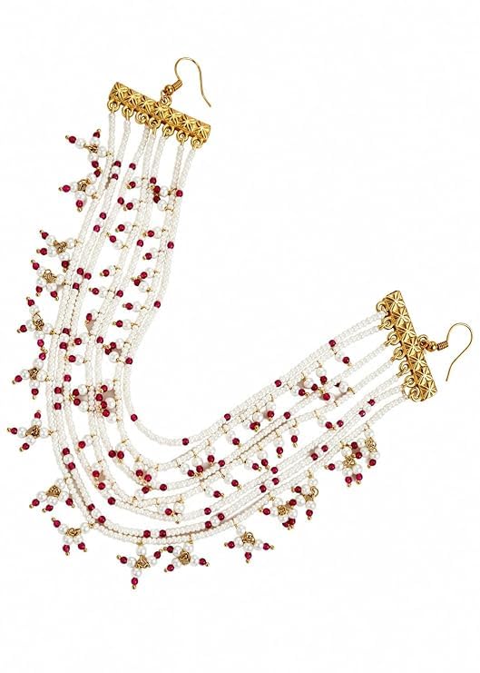 Gold Plated White & Maroon Pearl Brass Hair Chain for Women | Bridal Head Jewellery Hair Accessory | Traditional Wedding Hair Ornament | Trendy Pearl Hair Chain for Girls Ladies | Party Festival Office Wear Jewellery Gift-image-39