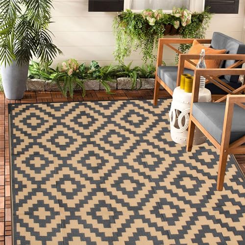 Enipate Geometric Outdoor Rugs for Garden Patios, 5x8ft Waterproof Reversible Decking Rug, Large Plastic Portable Woven Picnic Blankets Carpet Mat