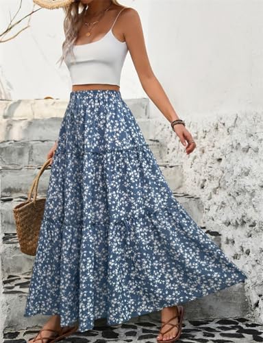IDEALSANXUN Floral Skirt for Women 2024 Summer Boho Elastic High Waisted Tiered Beach A Line Pleated Long Maxi Skirts2