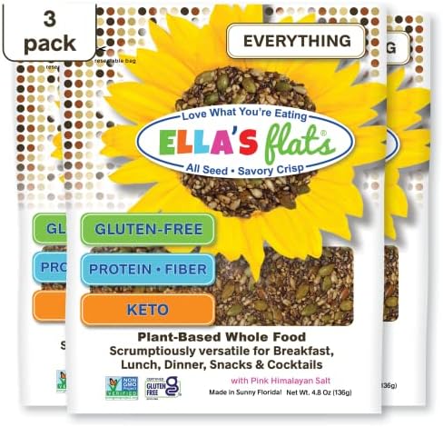 ELLA’S FLATS® Everything All Seed Savory Crisps – All Natural, Gluten Free, Good Source of Protein, High Fiber, Vegan and Keto Friendly (3 Pack)