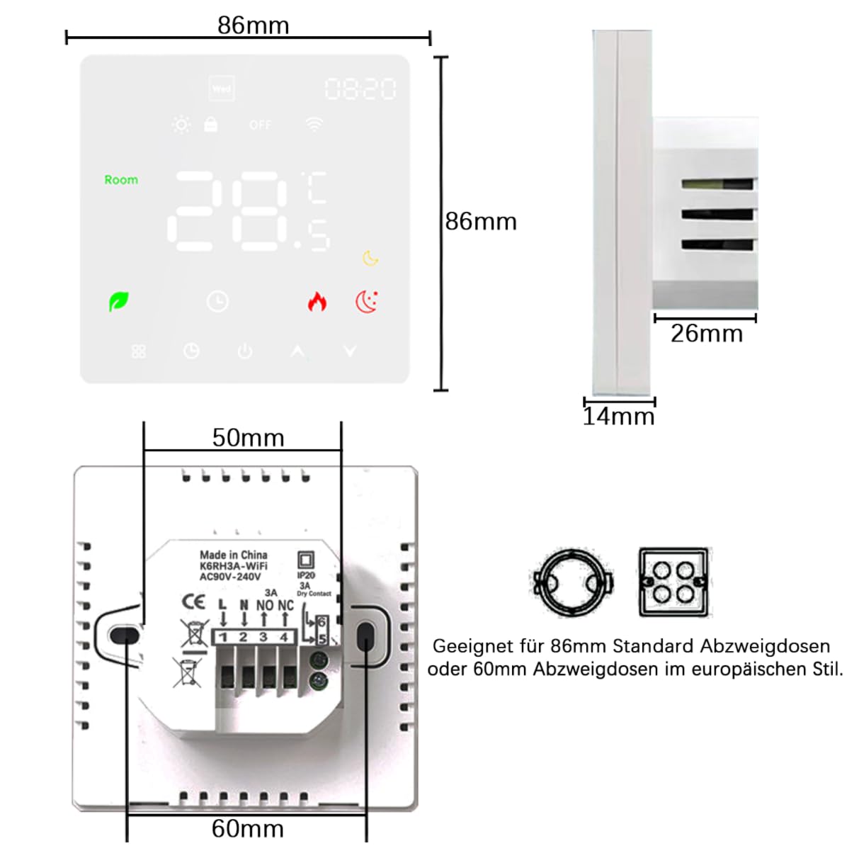 WiFi Thermostat Fussbodenheizung Für Wasser Fußbodenheizung, Programmierbar Raumthermostat, Thermostate Heizung kompatibel mit Alexa, Google Home, Tuya, 230V Weiß