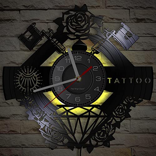 Timethink 12'' Tattoo Studio Sign Led Vinyl Record Wall Clock With 7 Colors Changing, Tattoo Silent Hanging Night Light Wall Clock Watch For Tattoo Shop Decor Labor Day Tattoo Artist Hipster Men Gift #TOP4