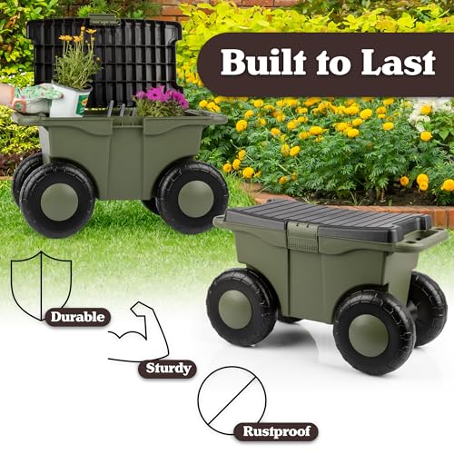 Image of Pure Garden Rolling Garden Cart with Seat - Plastic Storage with Bench and Interior Tool Tray - Gardening Stool for Weeding and Planting (Green)