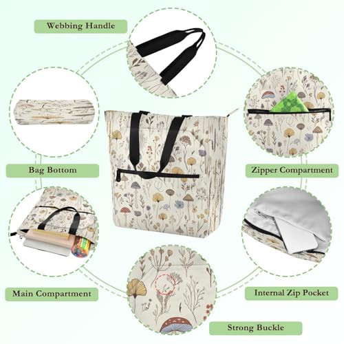 Wildflowers Mushrooms Book Tote Bag,Large Capacity Handbag with Zipper Perfect for School,Travel,Shopping3
