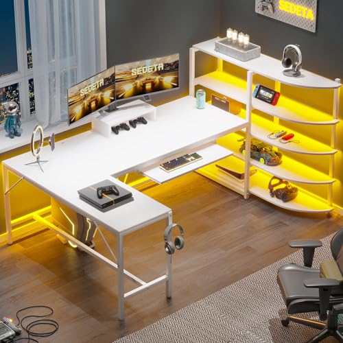 SEDETA L Shaped Computer Desk, 63” Reversible Office Desk or Corner Desk with Storage Shelves, White Gaming Desk with LED Lights, Power Outlet