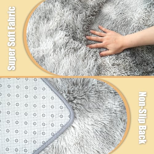Ultra Soft Fluffy Area Rugs for Bedroom Living Room 10x14, Nursery Rug, Non-Slip Carpet for Kids Dorms Decor, Shaggy Bedside Rug, Tie-Dyed Light Grey