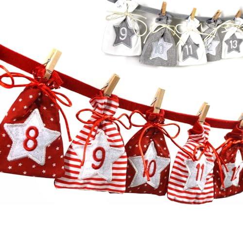 Frau WUNDERVoll® Adventskalender zum Befüllen - Stoff, rot weiß/Weihnachtskalender Zahlen Beutel Sack Säcke Säckchen Stoffbeutel Baumwolle Baumwollsäckchen Geschenkbeutel Stoffsack Stoffsäckchen