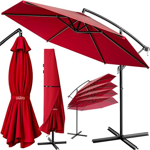 Kingsleeve® Sonnenschirm UV Schutz 80+ Ø 300 cm Groß mit Ständer Schutzhülle Windsicherung Windfest Neigbar Rund Kurbel Garten Balkon Ampelschirm Rot