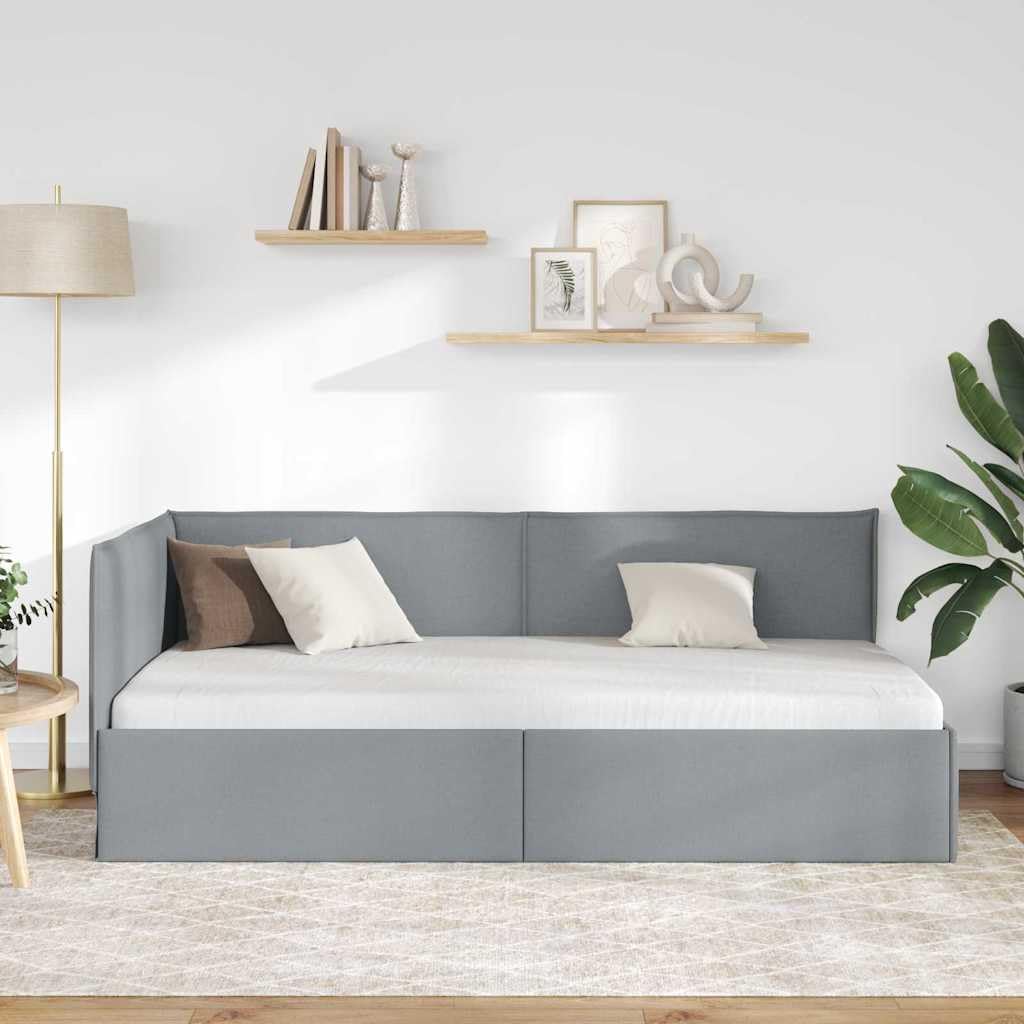 Tkanina oddychająca narożna z drewna inżynieryjnego Jasnoszary 80 x 200 cm | Rama łóżka narożnego Jasnoszary 80 x 200 cm tkanina z listwami, sofa tapicerowana do sypialni, L-kształtna platforma