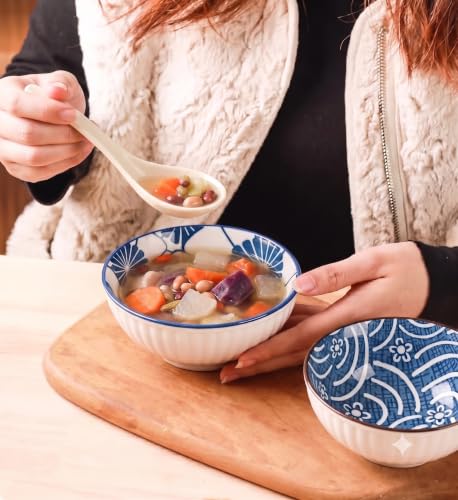 Image of Premium Ceramic Bowl Japanese Style Porcelain Rice, Soup & Dessert Bowls - Assorted Floral & Wave Patterns - Microwave & Dishwasher Safe - Gift Box Packaging(Blue & White Printed, Pack of 4)