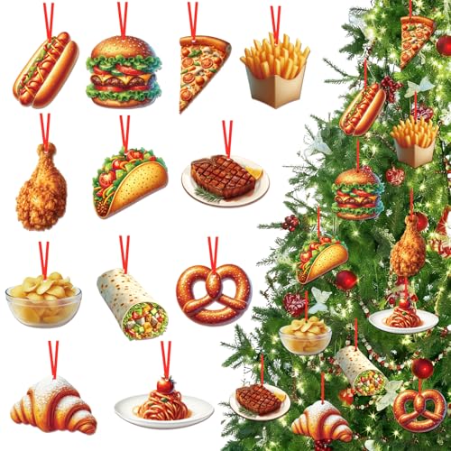 FLYAB 12PCS Food Christmas Ornaments Xmas Gifts for Women 3.15x2.64 Inch Wooden Hanging Ornament for Christmas Tree Party Xmas Stocking Stuffers for Kids Family Friends