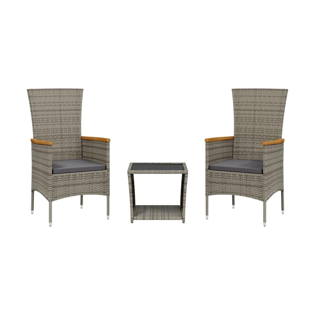 Set da Pranzo Giardino 3 Pezzi con Cuscini Polyrattan Grigio