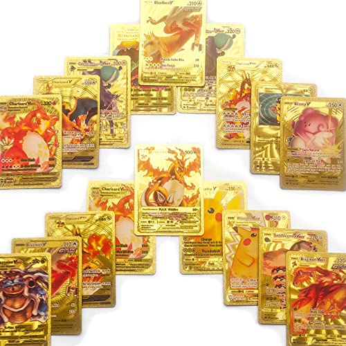55 Ultra Rare Gold Foil Cards TCG, Charizard Cartoon Metal Gold Plated Cards (22 Vmax Rare, 12 V Series Cards, 8 GX Rare, 1 DX Charizard, 10 Common/Uncommonï¼Œ1Mystery Cards) Do not Repeat
