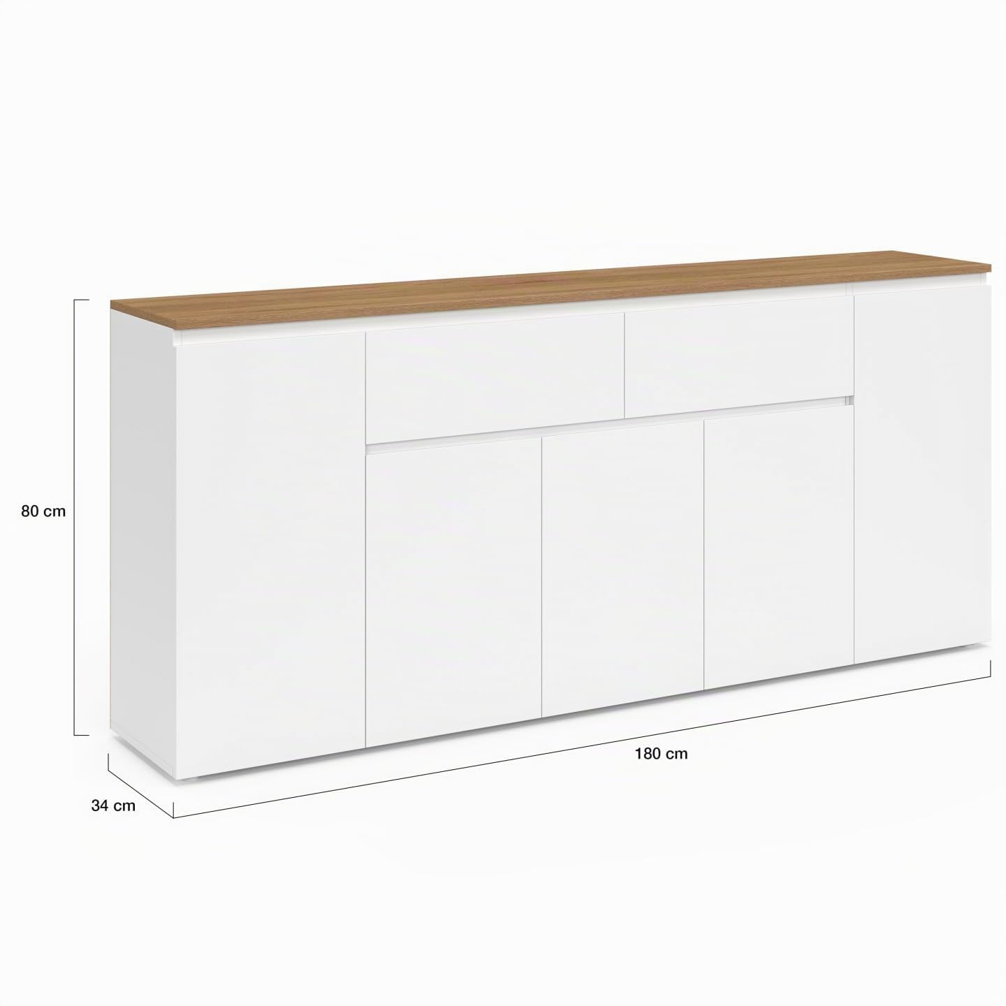 IDMarket - Aparador de 180 cm Toby 5 puertas y 2 cajones, color blanco y tablero de madera