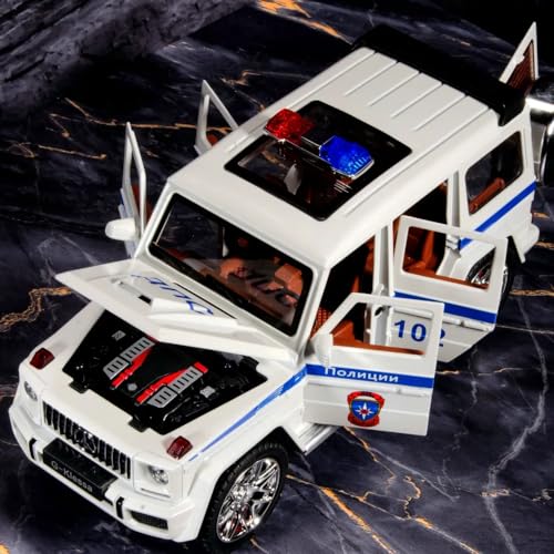 Image of Police Toy Car 1:24 Scale G Wagon Toy Car for Kids Diecast Metal with Light Sound Pull Back Openable Door, White