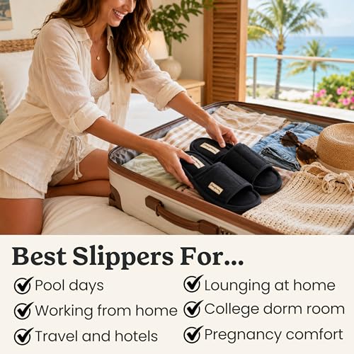 Image of Dearfoams Mickey Adjustable Terry Slide, Memory Foam Washable Open Toe Indoor Summer House Slippers