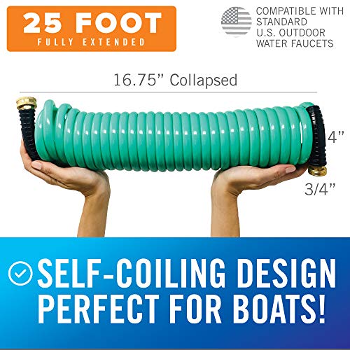 25Ft Coiled Boat Hose | Coil Hose Water Hoses Expandable Perfect Coil Water Hose Rv Wash Water Hose Spring Washdown Short Small 25 Foot Coiling Garden Marine Grade 3/4 Inch Connectors Self Recoil #TOP1