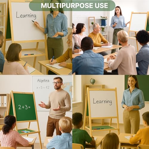 Image of GOSHU 5 Ft. Double Sided Wooden Easel Stand Whiteboard and Chalkboard for Adults, A-Type Foldable Writing Board with Tray for Classroom, Office, Coaching and Home Use (Adults, Pack of 1)