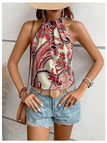 Image of RoseSeek Women's Tropical Paisley Halter Blouse Boho Shirt Vacation Tops