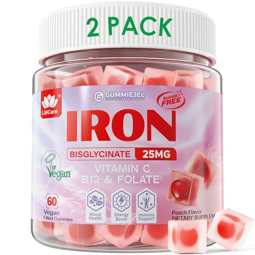 Vegan Iron Supplement for Women 25mg, Sugar Free Iron Gummies with Vitamin C, Methy B12, Folate for Energy Boost, Iron Deficiency, No After Taste, Peach Flavor - 60 Count (Pack of 2)