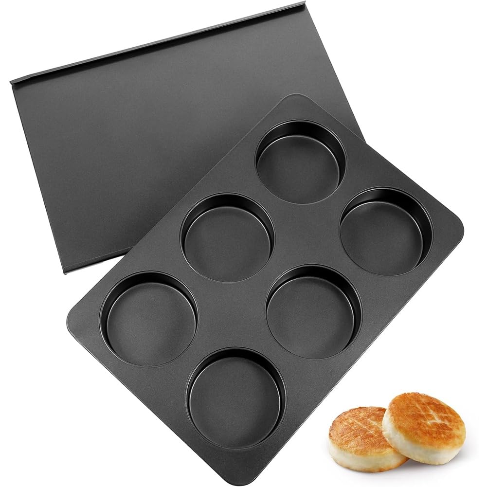 CTRLZS Bun Hamburger Burger Baking Tin Tray Mold 6 Cup Straight Side Jumbo English Muffin Cupcake Pan with Lid Nonstick