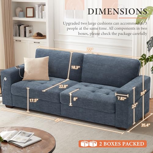 Image of Ihanherry 2-Seater Couch with Extra Large Sofa Seat Width & Depth, USB /Type-C Charging Port & Side Pocket, Modern Sofa for Living Room, Removable Medium Firm Cushion, Breathable Chenille(89inch, Blue)
