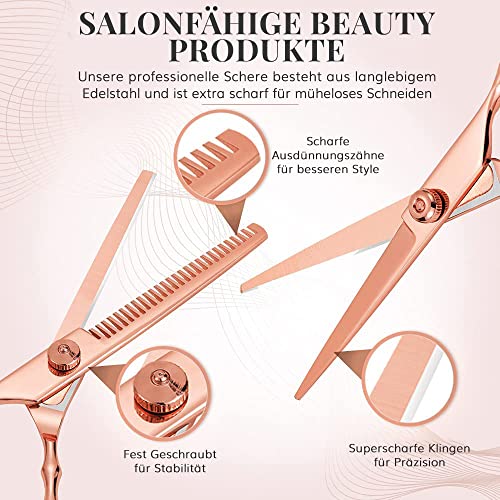 Foto von Professionelles Friseur Set zum Haare Schneiden | 6-Teiliges Set mit Haarschneideschere, Ausdünnschere, Kamm, 2 Haarklammern und passender Tasche in Edlem Rosegold, Lily England