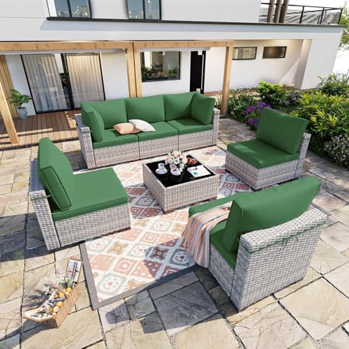 Image of Outdoor PE Wicker Rattan Modular Patio Sectional Sofa Set | 7-Piece: 6 Modular Seats & Coffee Table with Thick Cushions, Dark Green