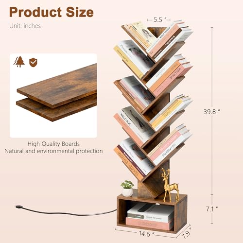 Image of Hoctieon 9 Tier Tree Bookshelf, Tall Bookcase, Freestanding Book Shelf with LED Lights, Display Floor Standing Storage Shelf, Book Organizer Shelves for Home Office, Living Room, Rustic Brown
