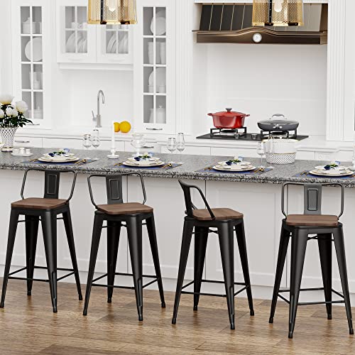 Changjie Furniture Swivel Metal Bar Stools Kitchen Counter Height Stools Industrial Barstools Set Of 4 (Swivel 24 Inch,Matte Black Wooden) #TOP3