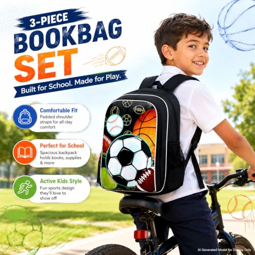 Image of gxtvo 3PCS Soccer Backpack for Boys, 17 inch Kids Football Bookbag with Lunch Box, Water Resistant Middle Elementary School Bag - Multiple Balls