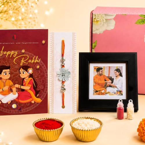 Image of Art Street Rakhi Gift Combo with Magnetic Photo Frame, Designer Rakhi, Roli Chawal, Greeting Card & Diya | Raksha Bandhan Gift Hamper for Brother | Photo Frame Rakhi Combo