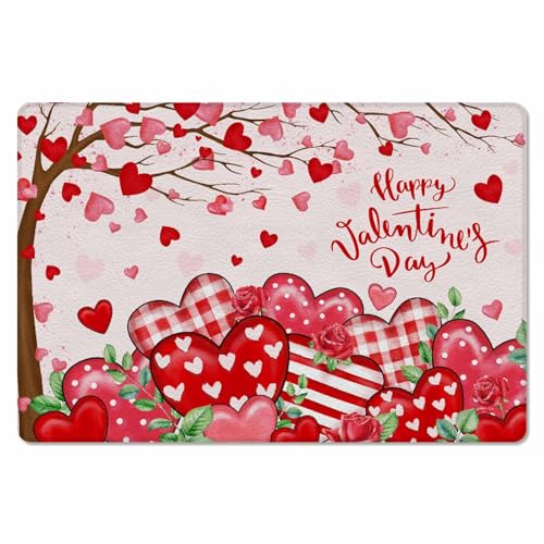 Valentine's Red Love Kitchen Bath Door Mat Cushioned Runner Rug,Washable Welcome Floor Sink Antifatigue Mat,Waterproof & Non-Slip Comfort Standing Doormat,Plaid Dots Heart Rose Leaves 18