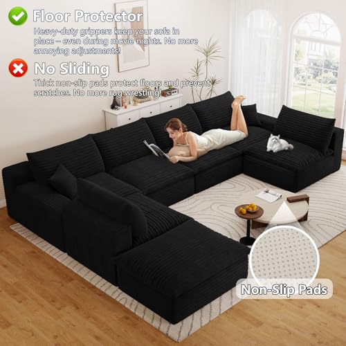 Image of 136 inch Cloud Couch Modular Sectional Sofa for Living Room, U-Shape Boneless Couch with Deep Seat, Modern Corduroy 6-Seater with Ottoman, No Assembly Required, Black
