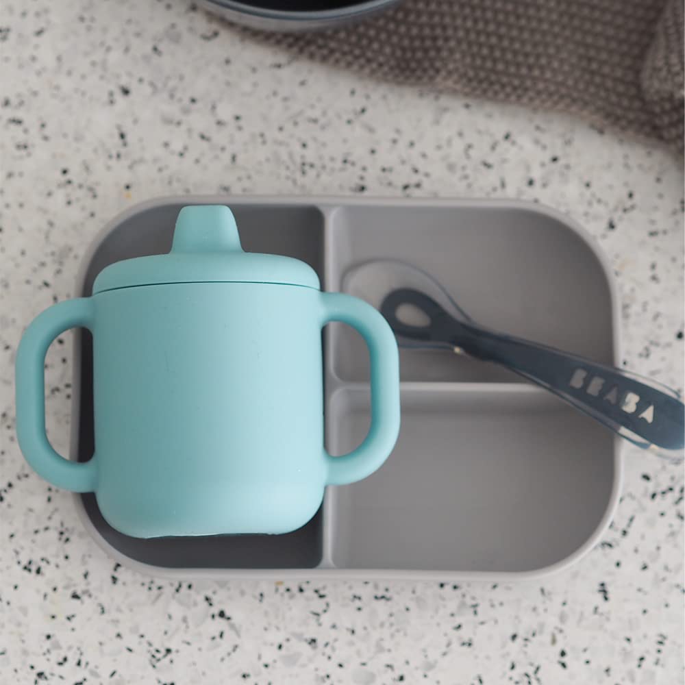 Béaba Tasse d'Apprentissage Bébé, Fonction Biberon/Tasse, 100% Silicone de Haute Qualité, Larges poignées, Facilite la prise en main, Ergonomique, Bec Souple, Blue
