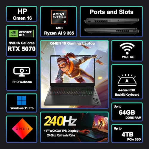 Image of HP Omen 16 Gaming AI Laptop 16 inch WQXGA 240Hz (500nits 100% sRGB) AMD 10-core Ryzen AI 9 365 (Up to 50 Tops) 32GB RAM 1TB SSD GeForce RTX 5070 GDDR7 DLSS4 (Up to 798 Tops) RGB Backlit Win11Pro ICP Hub