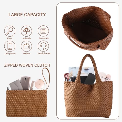 Image of Woven Tote Bag for Women Vegan Leather Handwoven Bags with Small Purse