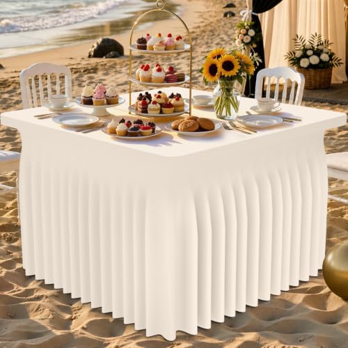 Image of Smiry Spandex Elastic Fitted Table Cloth Skirt for 3FT Square Table | Stretch Washable Table Cloth, Banquet Table Cover for Wedding, Party, Indoor & Trade Shows, (Beige, 36Lx36Wx30H)