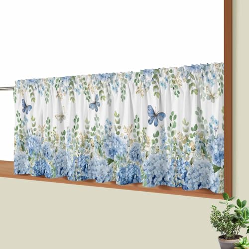 Vamjump カフェカーテン 蝶 アジサイ ユーカリの葉 小窓用 90×50cm 遮光 UVカット 断熱 省エネ対策 洗える おしゃれ 北欧風 ロッドポケット式 目隠し カーテン 窓用 インテリア 玄関 キッチン用 青 ホワイト [2]