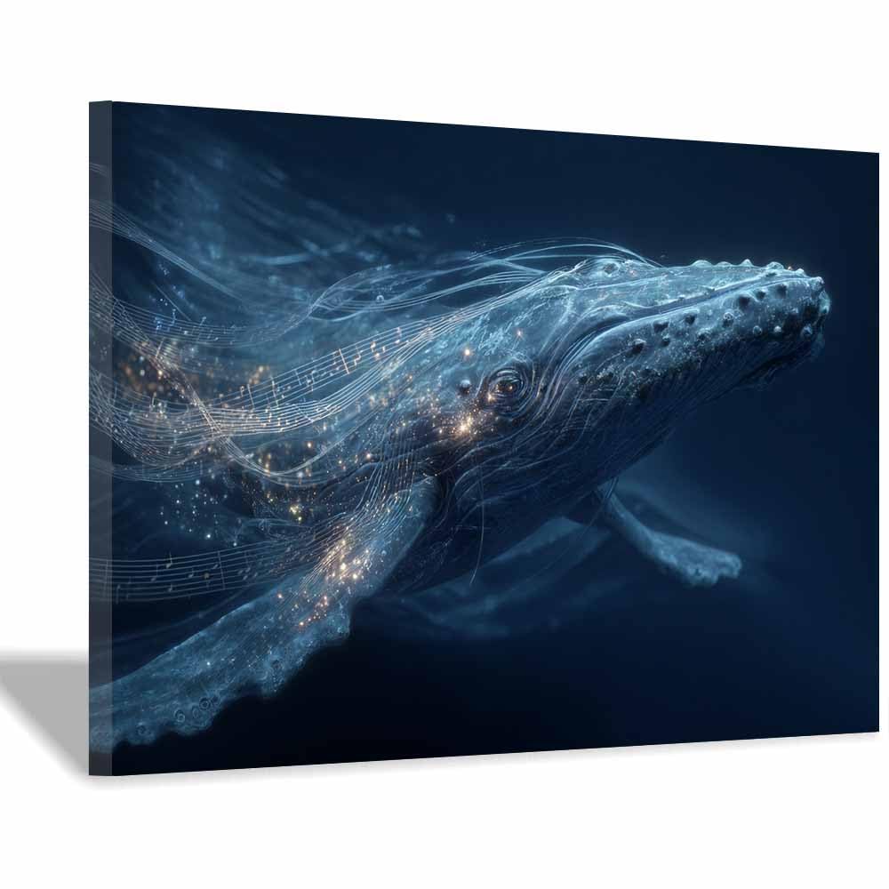 HUYEEI Canvas Wall Art Beachs Whales trailing light marine animals Seascape Vintage Artwork for Seaside Livings Room Bedroom Bathroom Decor(blue)-60x80cm Framed