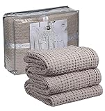 HILLFAIR 100% Cotton Blanket- 120'x120' XXL Oversized King Bed Blankets- Family Size 10 ft x 10 ft Big- Waffle Blankets- All Season Soft Breathable- Extra Large King Cotton Blanket for Bed- Khaki