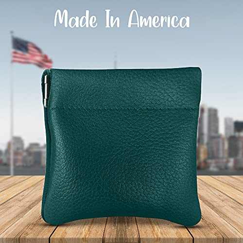 Image of Nabob Leather Genuine Leather Squeeze Coin Purse, Coin Pouch Made IN U.S.A. Change Holder For Men /Woman Size 3.5 X 3.5 (Teal)
