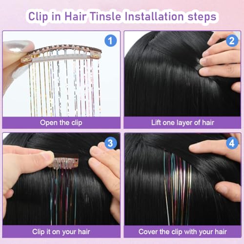 Image of MAYCREATE 6pcs Hair Tinsel Hair Extensions for Women Girls, Glitter 20'' Clip-in Fairy Hair Tinsels Highlight Sparkling Tinsel Clips for Party, Festival (Colorful)