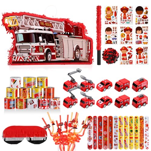 Syhood 62 Pcs Firefighter Party Favors, Small Fire Truck Piñata Bundle with a Blindfold and Bat Fire Truck Party Supplies Stickers Firefighter Slap Bracelets Fire Truck Toy Drinking Straw for Birthday
